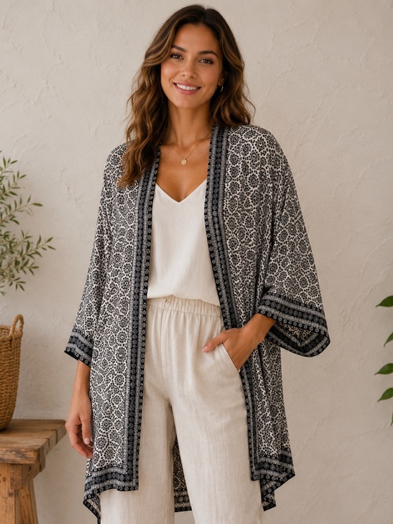 Max Studio Jackets & Blazers - Max Studio Black & White Printed Open-Front Kimono Large Boho Open Front